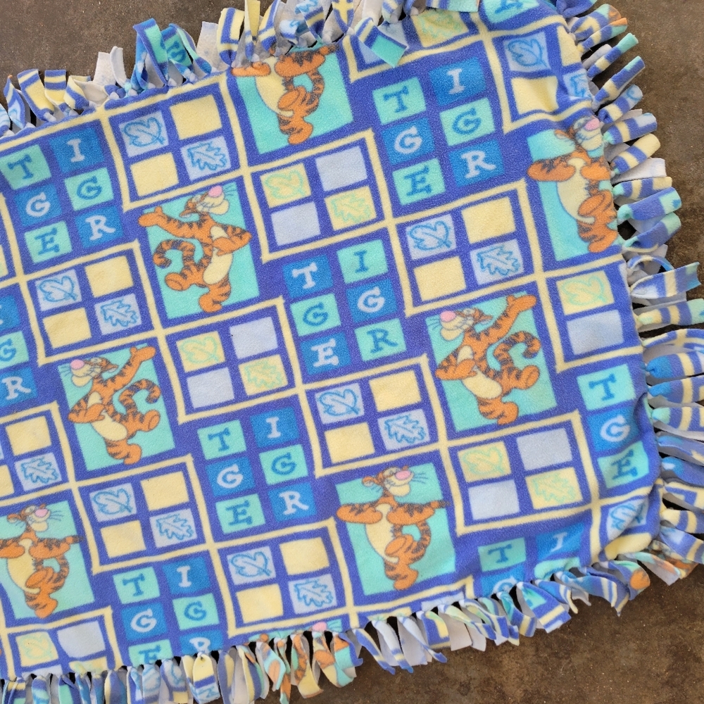 Fleece Tigger Blanket Knotted Edge Trim Blue Reversible Baby Bear Stars Moon 50"